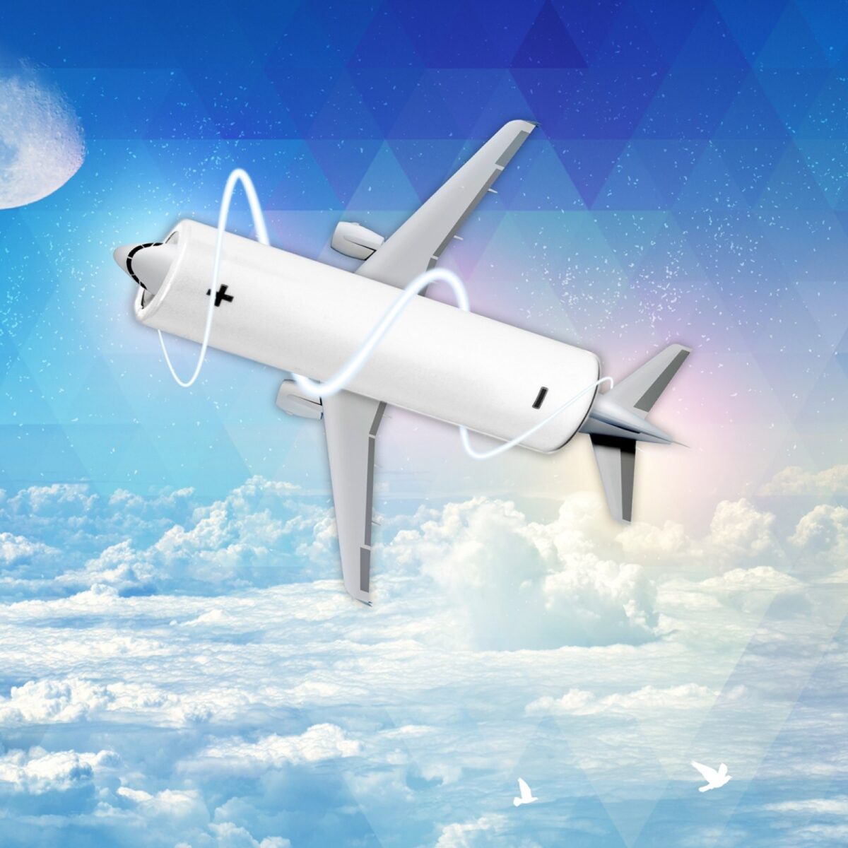 Surreal futuristic illustration of a passenger airplane flying above the clouds at night, with its entire fuselage replaced by a giant white structural battery cell. A glowing blue energy ribbon spirals from the battery body to the tail, symbolizing power flow. The moon is visible in the background against a starry sky.