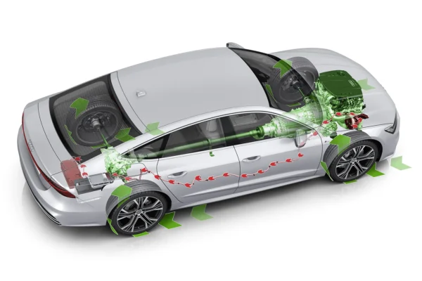 Cutaway illustration of a silver Audi A7 Sportback hybrid showing the flow of energy during regenerative braking. Green arrows and glowing highlights trace the path from all four wheels through the electric motors/generators, along the drivetrain, and into the high-voltage battery pack located under the trunk floor, visually demonstrating how kinetic energy is captured and converted back into stored electrical energy when the driver lifts off the accelerator. Red arrows indicate the conventional power flow from the combustion engine for contrast. The image uses transparent body panels to reveal the internal hybrid powertrain components in a clean, technical style.