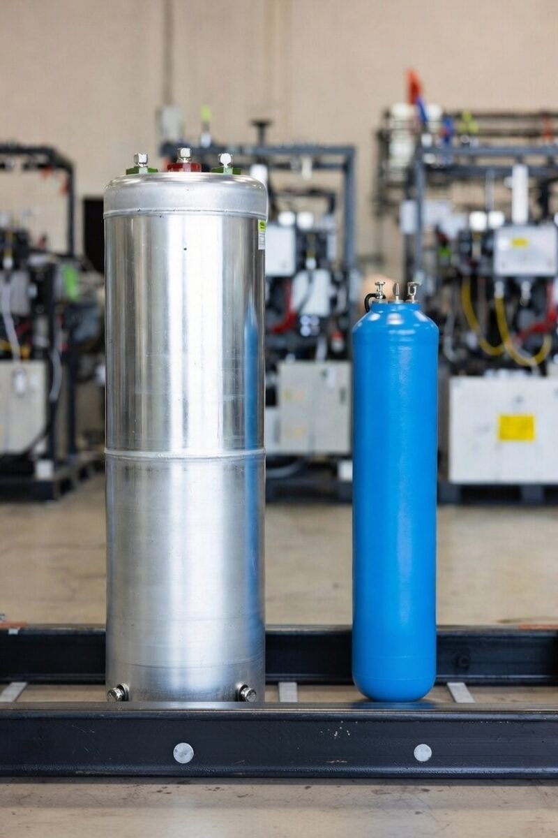 Side-by-side comparison of two large cylindrical battery prototypes in an industrial facility: a taller silver metallic lithium-ion battery on the left and a shorter bright blue sodium-ion battery on the right, both standing upright on a black metal rack with visible top fittings, valves, and wiring connections in the background of a manufacturing or testing environment.