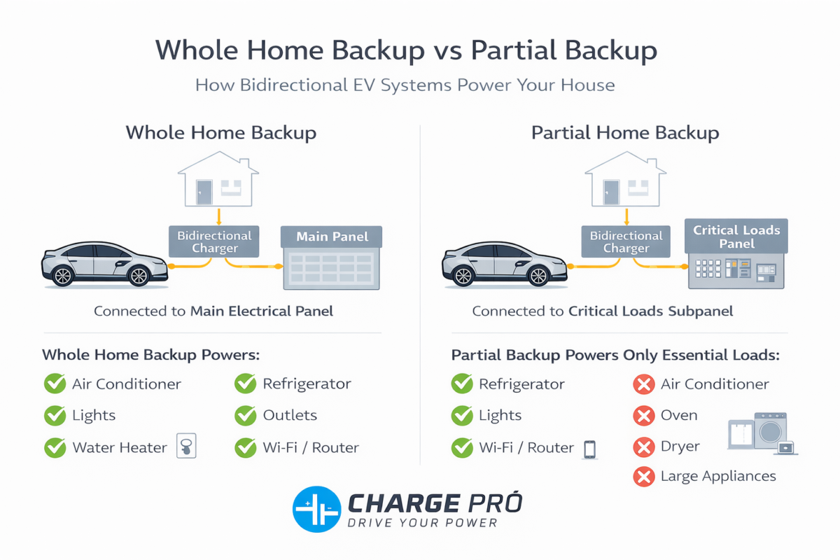 GM bidirectional charging infographic comparing whole home backup and partial home backup using an EV battery