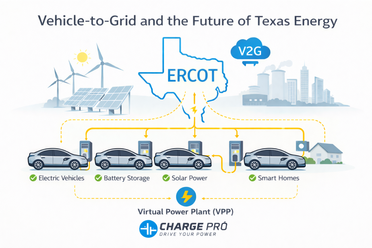 GM bidirectional charging vehicle-to-grid infographic showing EVs supporting the Texas ERCOT power grid