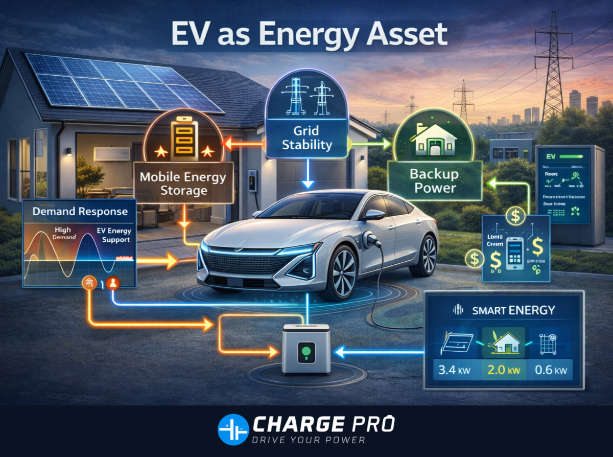 Illustration showing an electric vehicle as an energy asset powering a home, supporting the grid, and providing backup power through bidirectional charging.