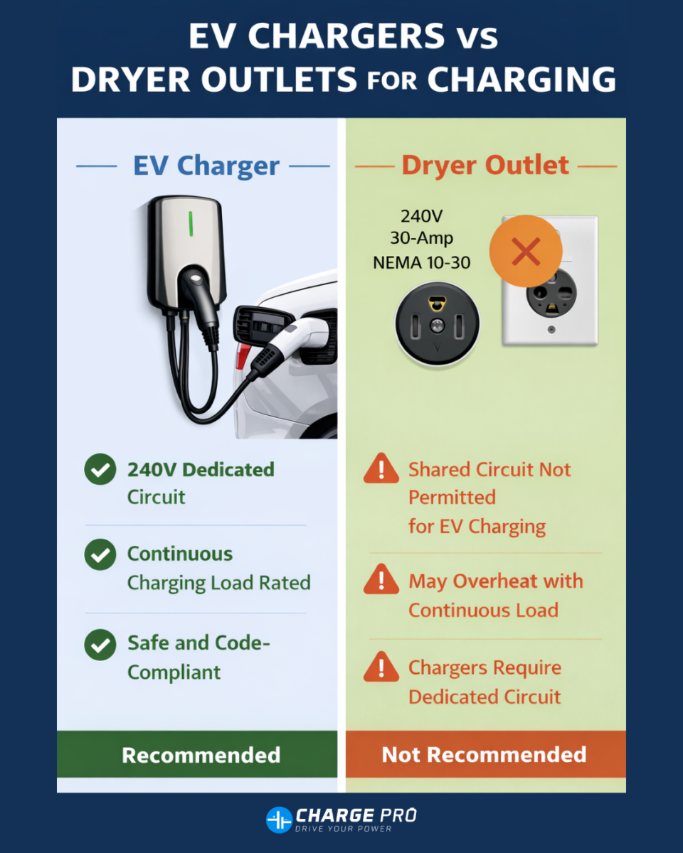 Infographic comparing EV chargers and dryer outlets showing that EV chargers require a dedicated 240V circuit while dryer outlets are not recommended for EV charging.