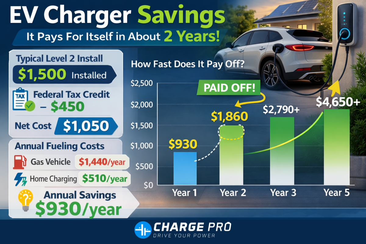 EV charger savings infographic comparing gas vs home charging costs and showing Level 2 charger payback in about two years.