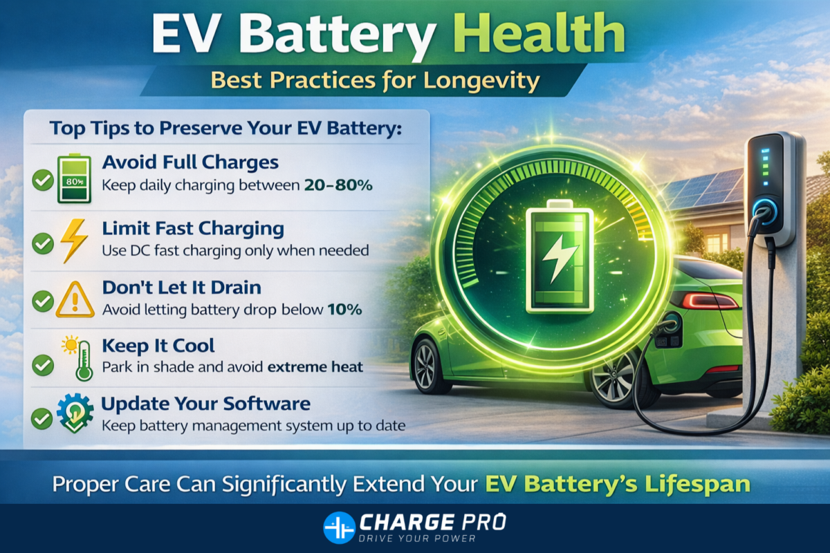 EV battery health infographic showing best practices for long battery life including charging between 20–80%, limiting fast charging, and avoiding extreme heat.