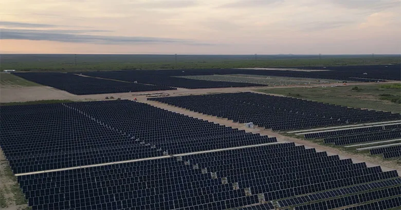 Large utility-scale solar farm in Texas generating renewable electricity for the ERCOT power grid.