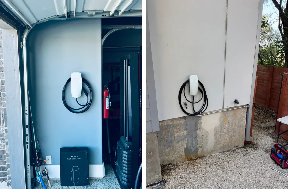 Tesla Wall Connector installed inside a garage, next to a Tesla Wall Connector installed on an exterior wall with conduit