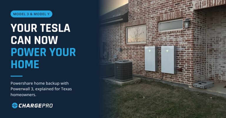 Two Tesla Powerwall 3 batteries installed beside central AC units on a Texas home by Charge Pro Texas